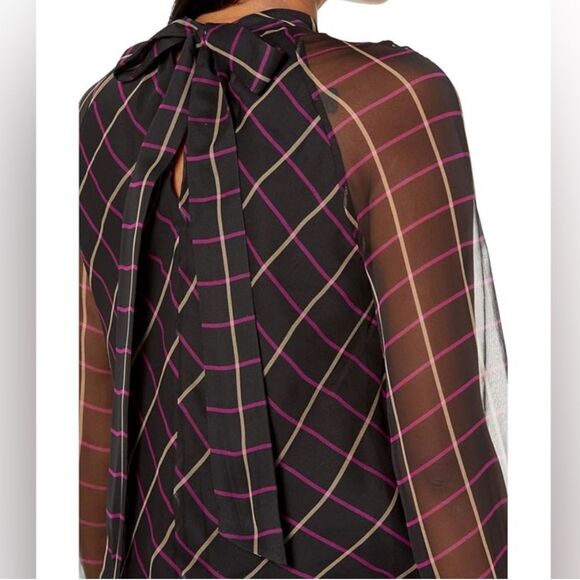 Milly Sioane Windowpane Print Silk Chiffon Top Black Pink Blouse Sheer Sleeves L - Picture 2 of 16